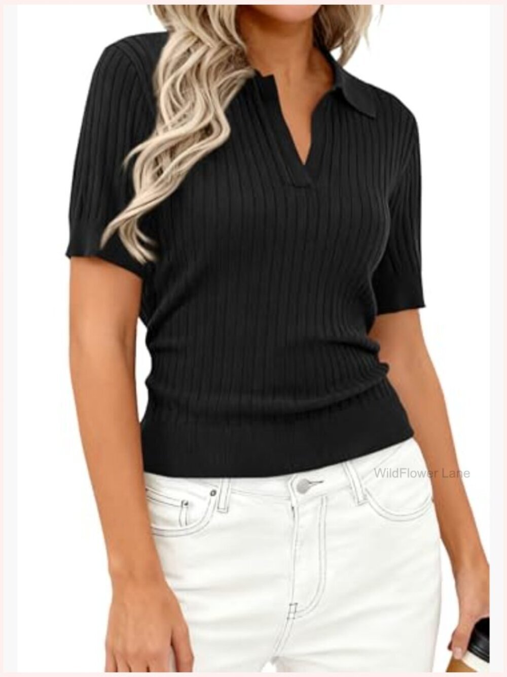 Short Sleeve Ribbed Knit V Neck Pullover Sweater - Picture 3 of 7